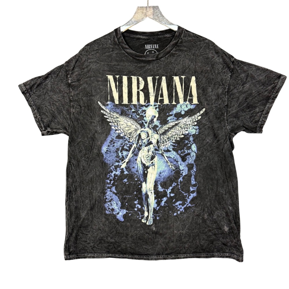 Nirvana Band Tee Mens XL Grey Acid Wash‎ Graphic T-Shirt Angel Retro 90s NWOT